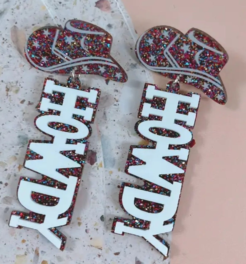 Acrylic Cowboy Hat Howdy Glitter Sparkle Extra Large Western Country Theme Drop Dangle Earrings