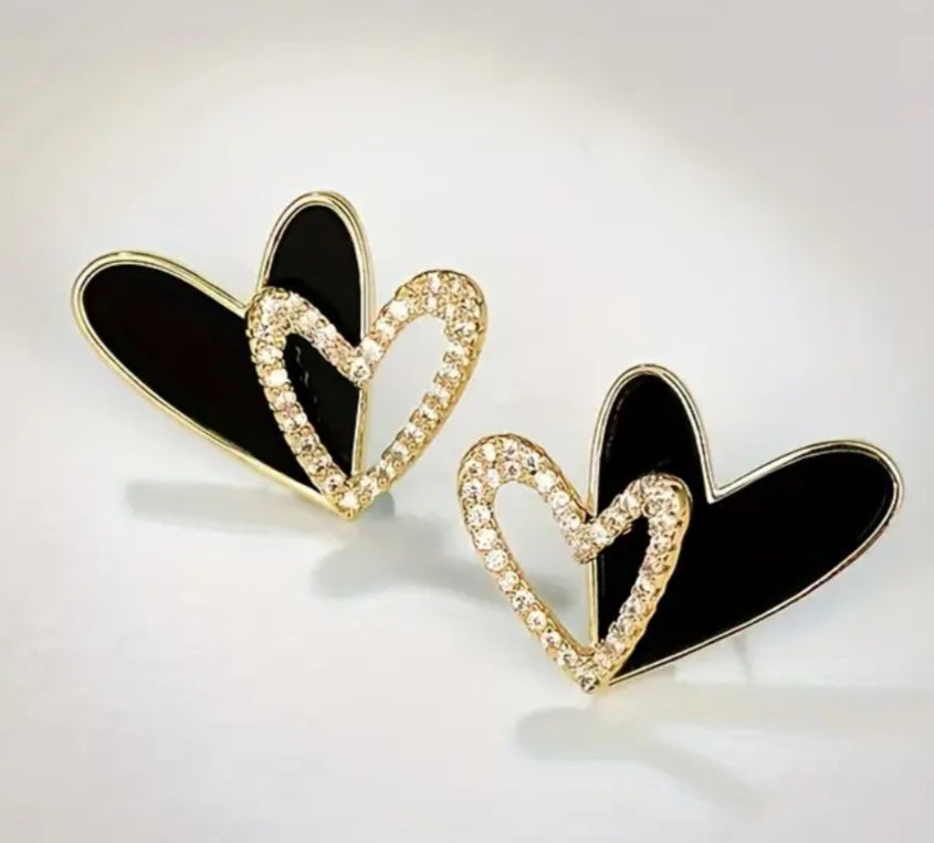 Double Heart Design Black Painted Enamel Gold Plated Rhinestone Inlay Stud Earrings