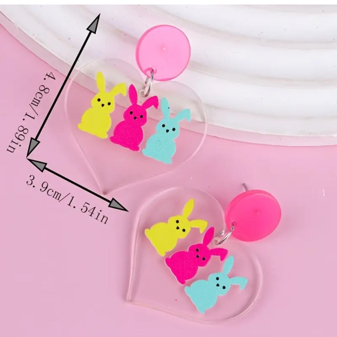Acrylic Easter Bunny Heart Shaped Design Trio Rabbit Spring Transparent Drop Dangle Earrings