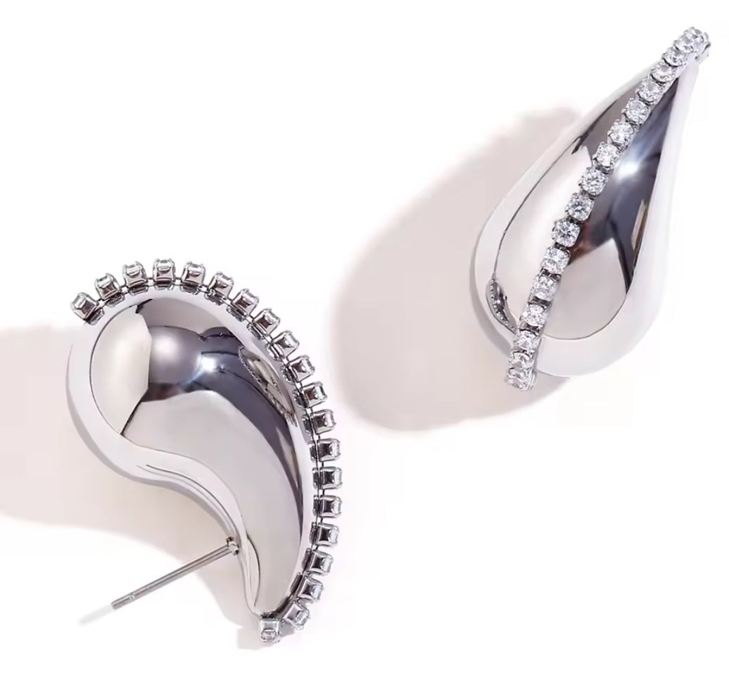 Bling Tear Drop Water Drop Silver Tone Rhinestone Inlay Large Stud Earrings