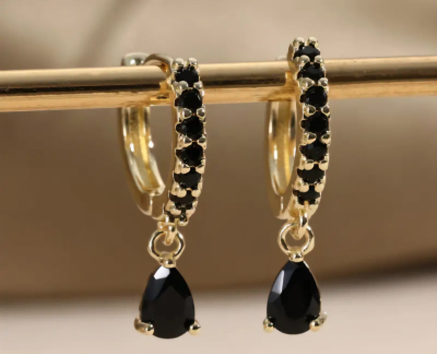 Dainty Small Copper Filled Gold Plated Cubic Zirconia Black Onyx Coloured Gems Tear Drop Mini Huggie Style Hoop Earrings