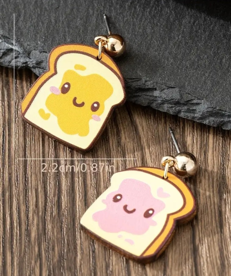 Cartoon Bread Peanut Butter & Jelly Sandwich Raspberry Jam Design Wood Drop Dangle Earrings