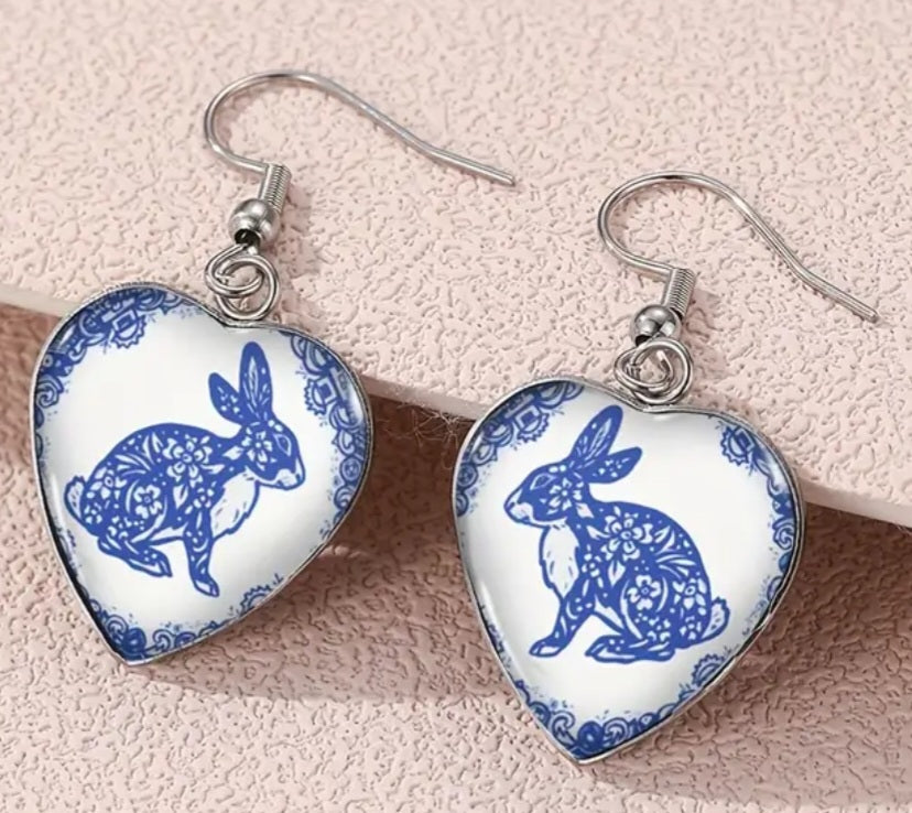 Classic Blue Bunny Rabbit Easter Spring Design Heart Shape Glass resin Drop Dangle Earrings