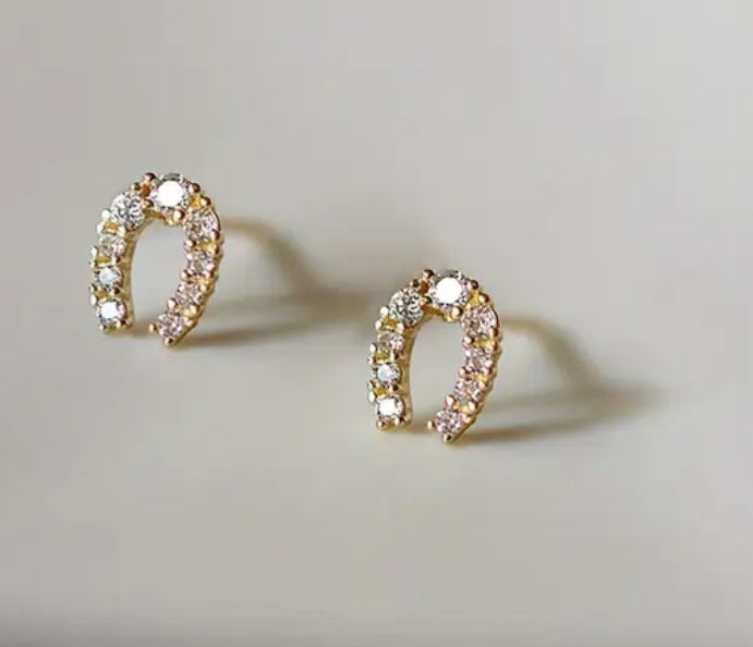 Dainty Country Horseshoe Western Theme Horse Gold Plated Rhinestone Inlay Mini Tiny Stud Earrings