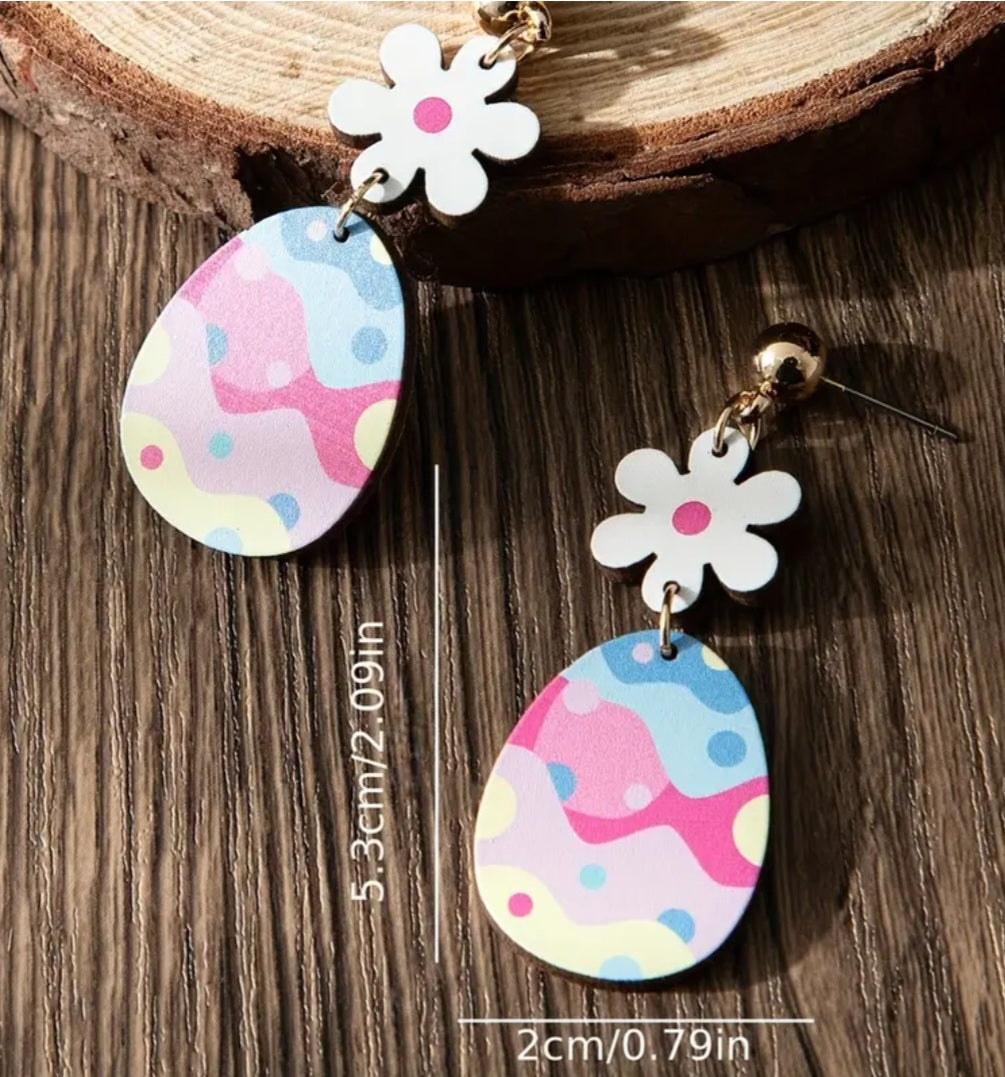 Colourful Easter Egg Flower Spring Design Wood Drop Dangle Earrings
