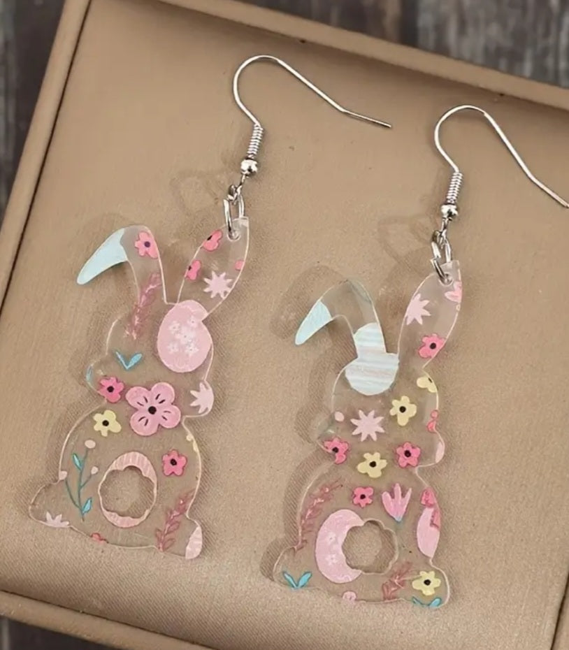 Acrylic Easter Bunny Rabbit Flowers Floral Transparent Spring Drop Dangle Earrings