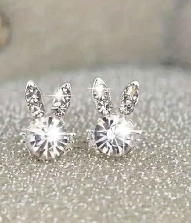 Easter Bunny Rabbit Head Spring Rhinestone Inlay Silver Plated Teeny Stud Earrings