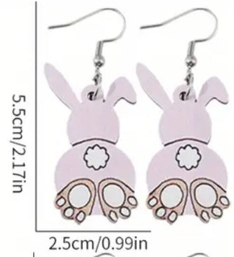 Cartoon Easter Bunny Rabbit Pink Back Spring Design Wood Drop Dangle Earrings
