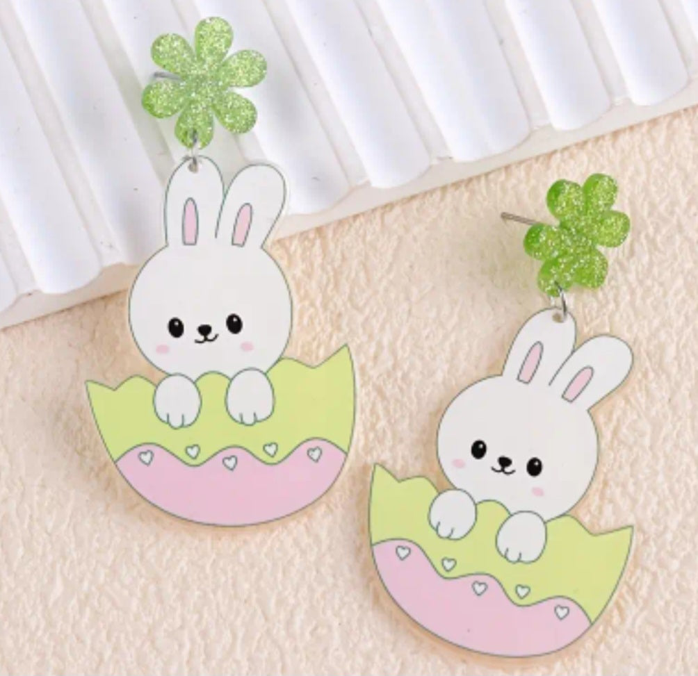 Acrylic Cartoon Bunny Rabbit Easter Egg Wave Spring Design Glitter Flower Drop Dangle Earrings
