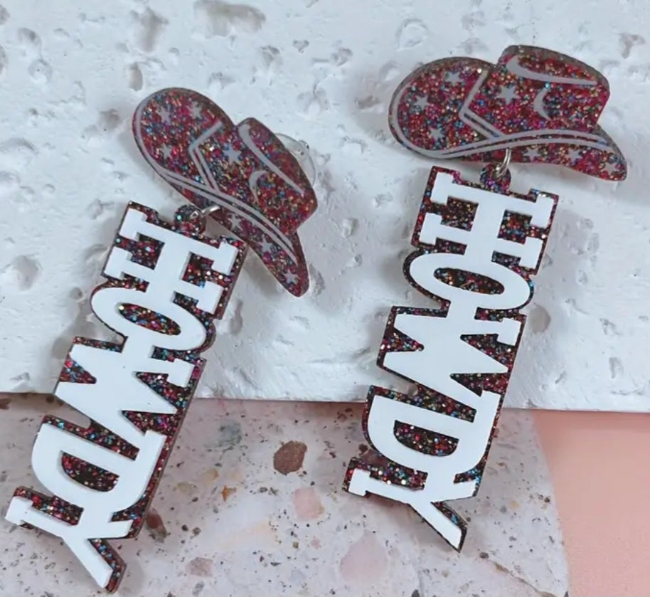 Acrylic Cowboy Hat Howdy Glitter Sparkle Extra Large Western Country Theme Drop Dangle Earrings