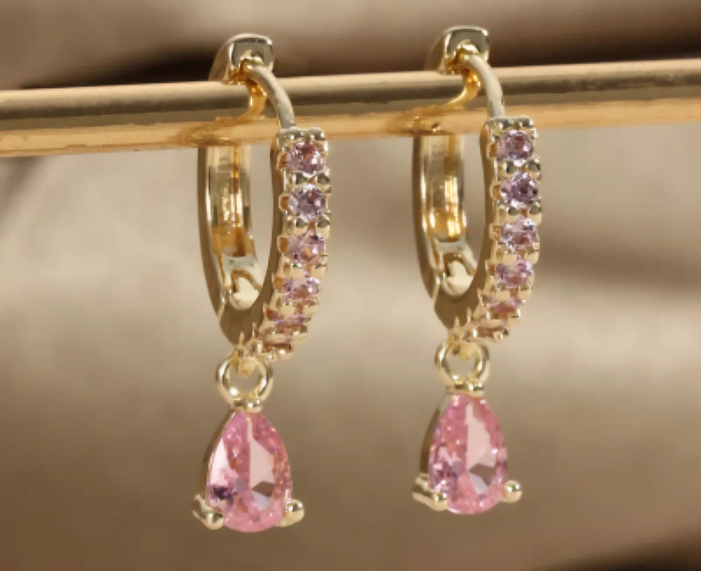 Dainty Small Copper Filled Gold Plated Cubic Zirconia Pastel Pink Crystal Coloured Gems Tear Drop Mini Huggie Style Hoop Earrings