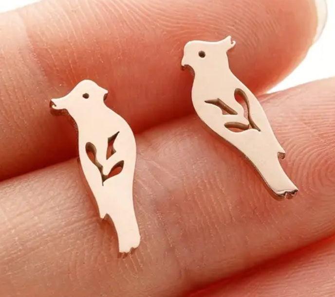Adorable Parrot Cockatiel Design Rose Gold Plated Stainless Steel Small Teeny Stud Earrings