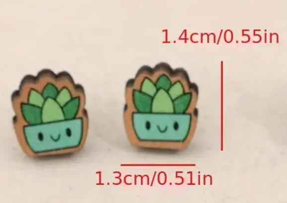Cartoon Cactus Succulent Pot Short Plant Garden Wood Stud Earrings