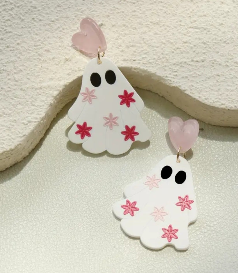 Acrylic Cartoon Ghost Pastel Pink Stars Design Halloween Heart Drop Dangle Earrings
