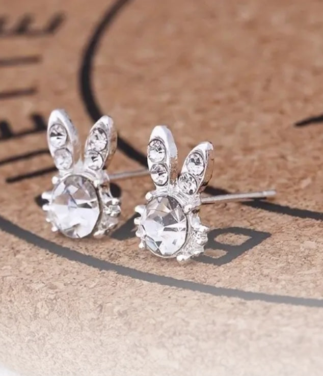 Easter Bunny Rabbit Head Spring Rhinestone Inlay Silver Plated Teeny Stud Earrings