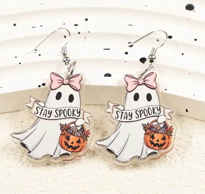 Acrylic Ghost Pink Bow Pumpkin Stay Spooky Banner Halloween Gothic Punk Design Drop Dangle Earrings