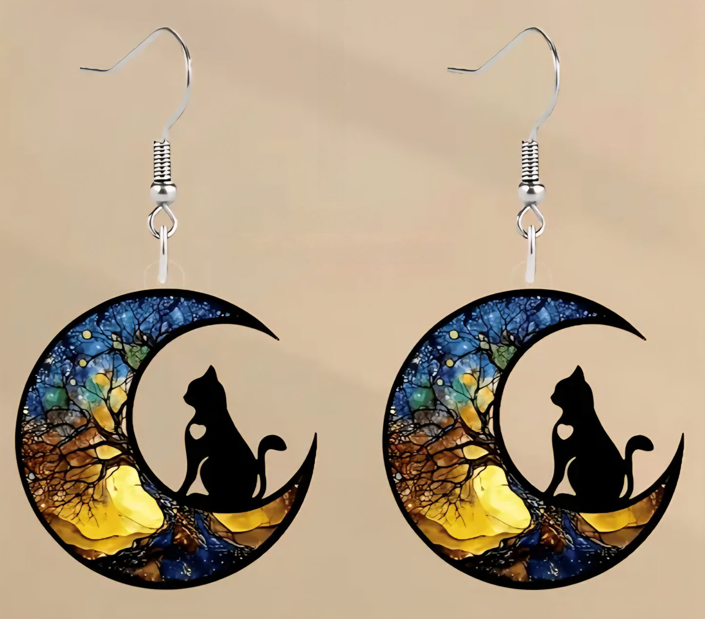 Acrylic Black Cat Crescent Moon Tree Of Life Design Drop Dangle Earrings