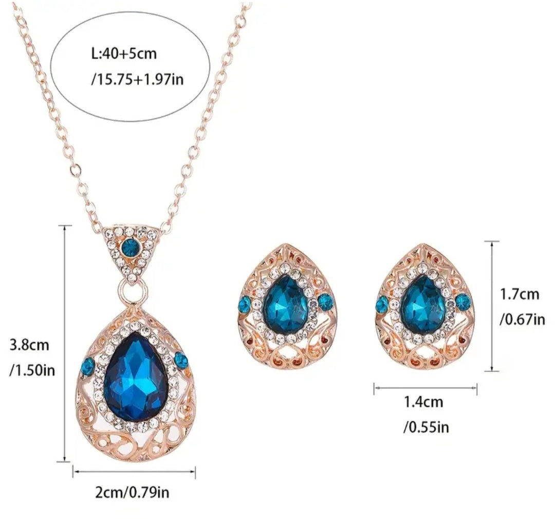 Filagree Bright Blue Ornate Rhinestone Inlay Rose Gold Plated Stunning Stud Necklace Set