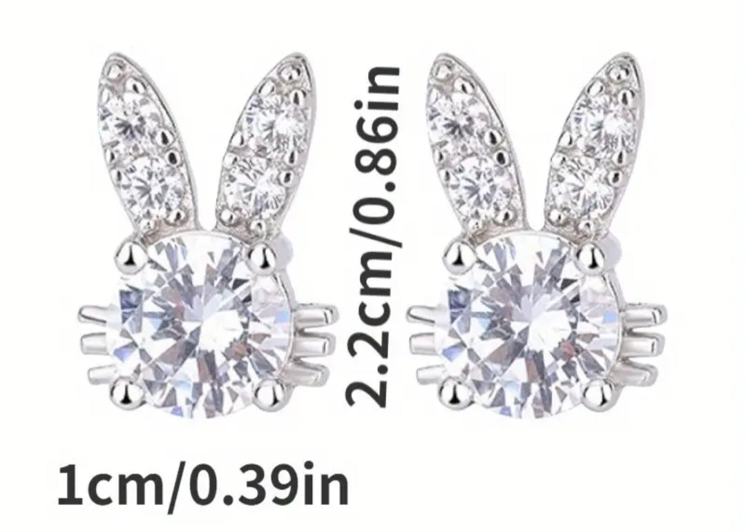 Easter Bunny Rabbit Head Spring Rhinestone Inlay Silver Plated Teeny Stud Earrings