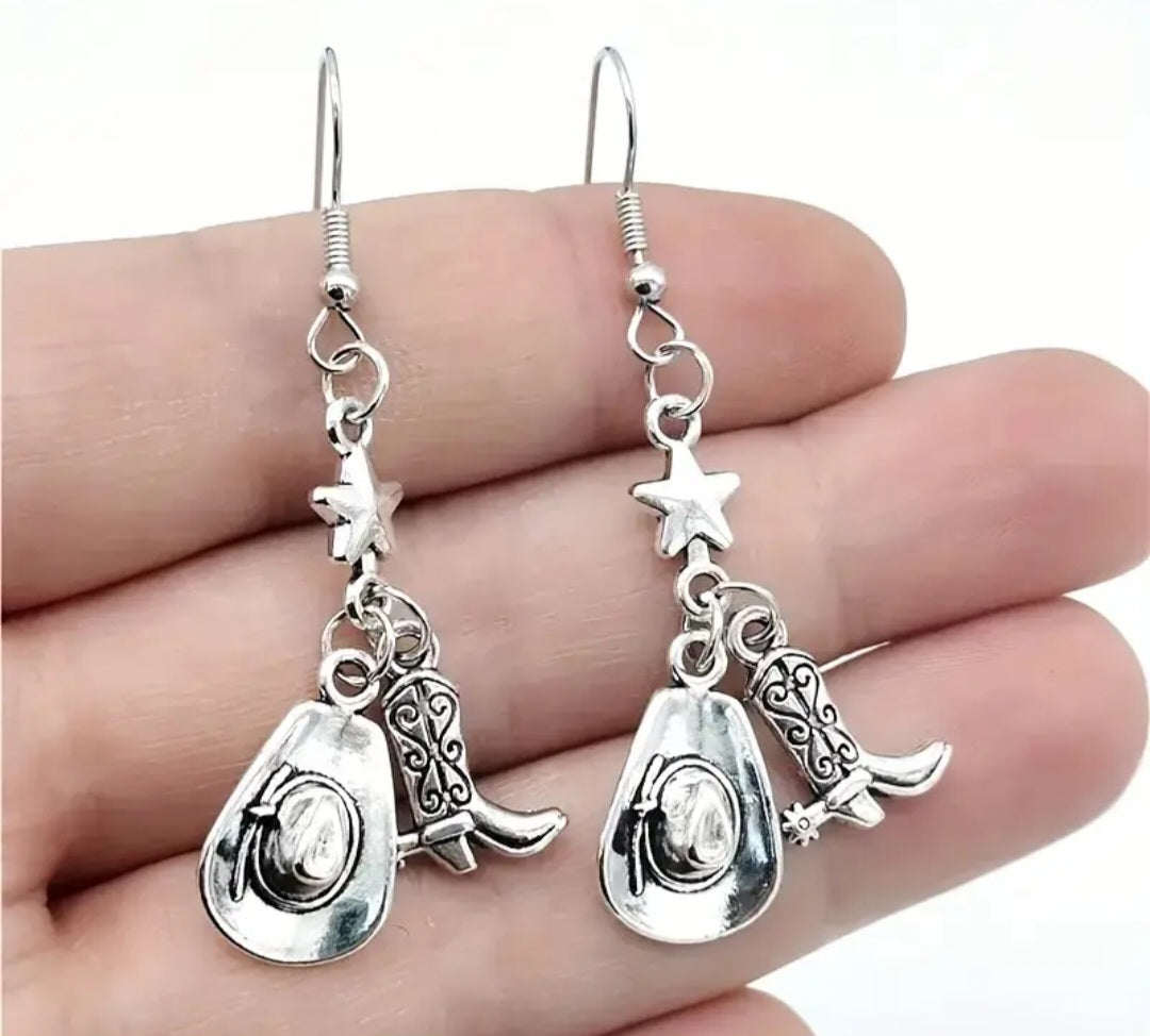 Boot Cowboy Hat Star Dangle Charm Design County Western Theme Drop Earrings