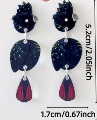 3 Part Hinged Acrylic Australia Black Cockatoo Parrot Bird Design Drop Dangle Earrings