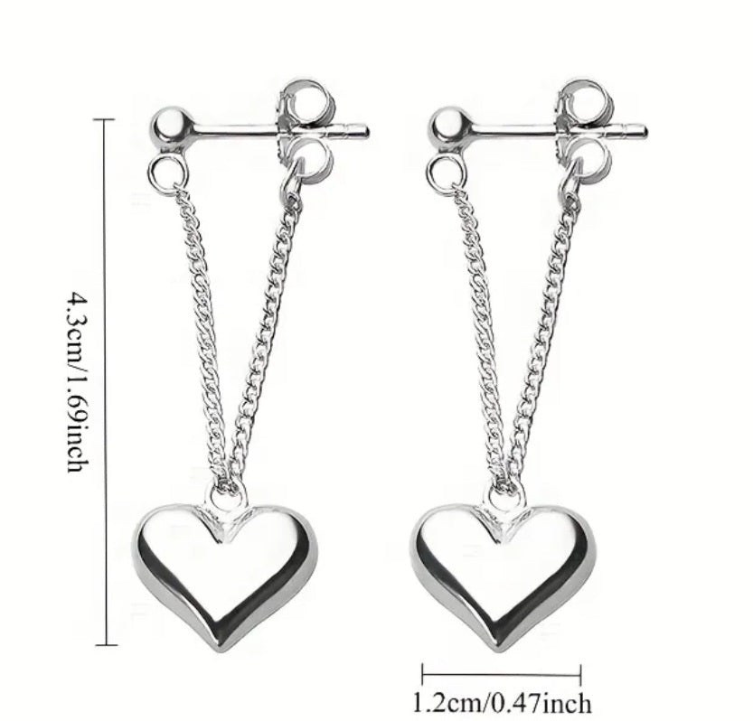 Chain Heart Drop Design Dainty Silver Plated Earrings