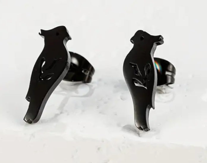 Adorable Parrot Cockatiel Design Black Enamel Plated Stainless Steel Small Teeny Stud Earrings