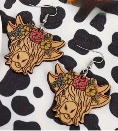 Country Large Wood Western Highland Cow Design Lightweight Drop Dangle Earrings