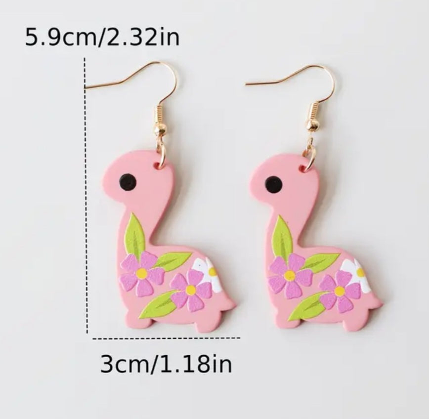 Acrylic Cartoon Floral Flower Print Pink Dino Dinosaur Design Drop Dangle Earrings