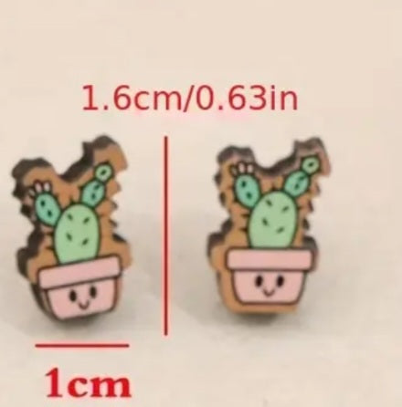 Cartoon Cactus Succulent Pot Tall Plant Garden Wood Stud Earrings
