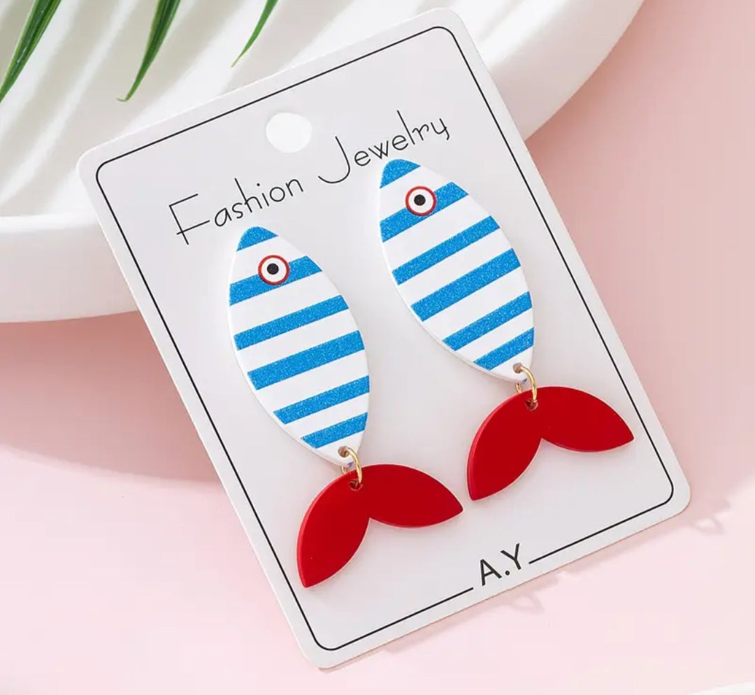 Acrylic Cartoon Fish Marine Ocean Theme Striped Design Drop Dangle Earrings