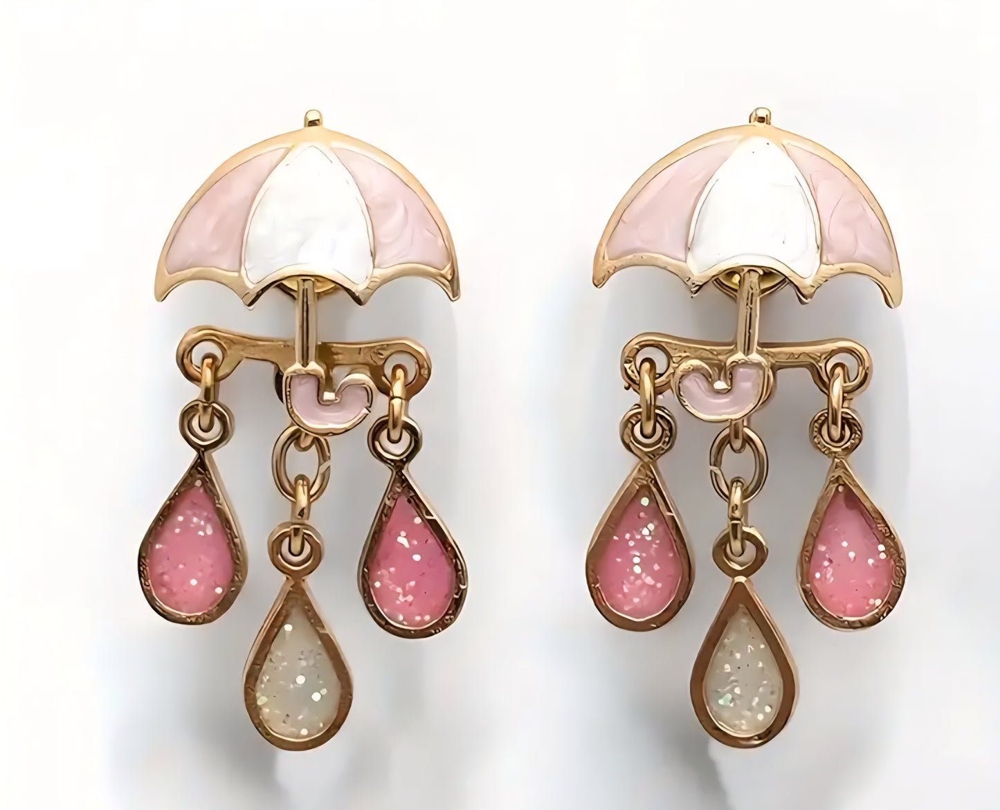 Enamel Glitter Accents Painted Pastel Pink Rain Drop Umbrella Design Drop Dangle Stud Earrings
