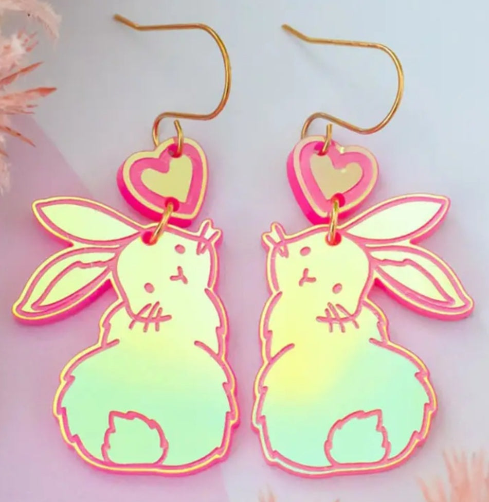 Acrylic Easter Bunny Holographic Rabbit Spring Drop Dangle Earrings