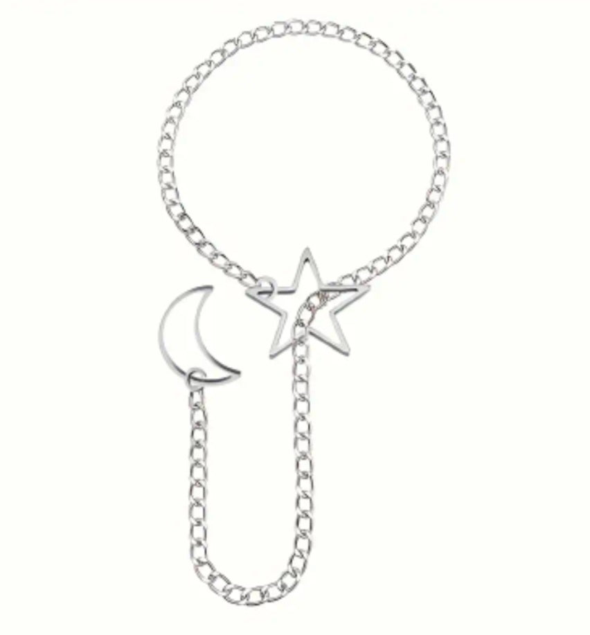 Crescent Moon Star Gothic Goth Punk Rock O-Ring Slip Chain Stainless Steel Necklace