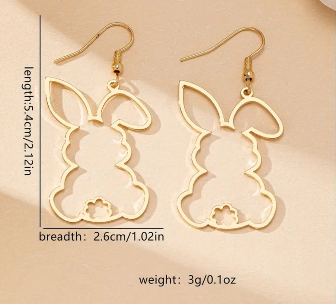 Bunny Rabbit Easter Spring Fine Line Hallow Design Gold Plated Drop Dangle Earrings