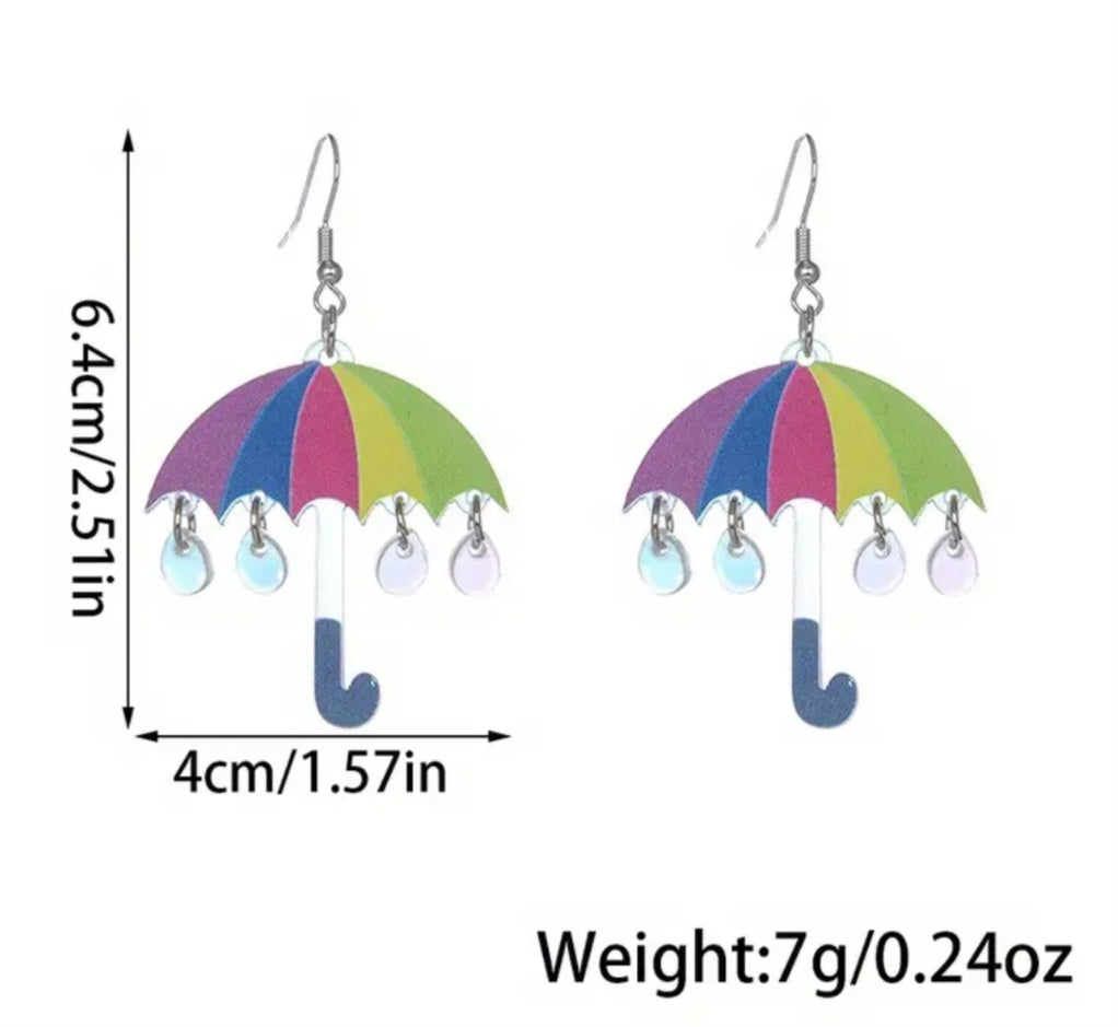 Acrylic Cartoon Colourful Rainbow Umbrella Rain Drop Design Drop Dangle Earrings