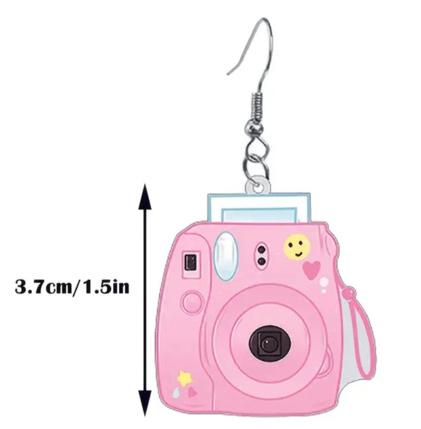 Acrylic Cartoon Camera Pink Instax Polaroid Inspired Design Drop Dangle Earrings