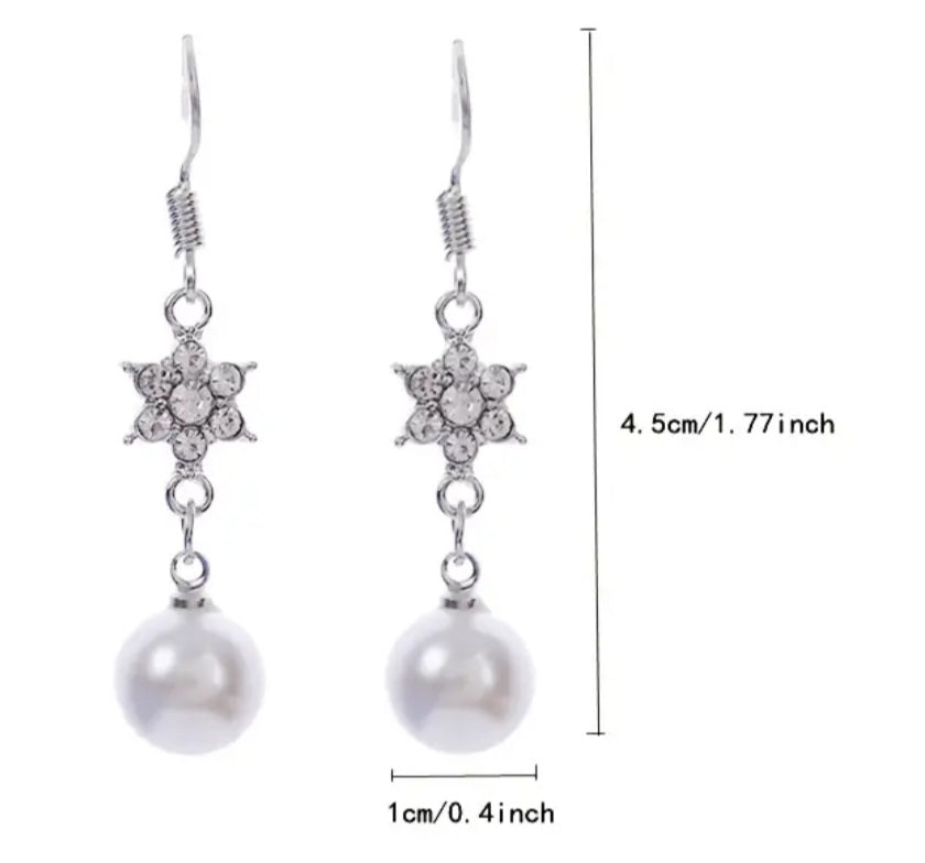 Bling Faux Pearl Flower Drop Rhinestone Inlay Silver Plated Small Dangle Earrings