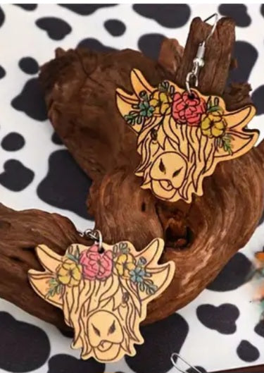 Country Large Wood Western Highland Cow Design Lightweight Drop Dangle Earrings