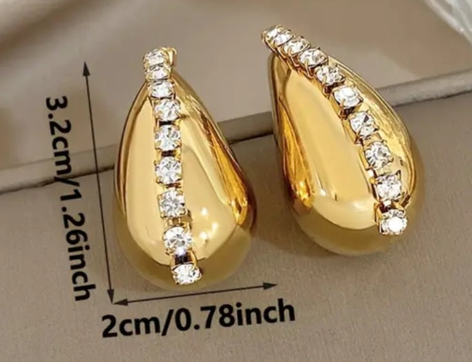 Bling Tear Drop Water Drop Gold Tone Rhinestone Inlay Large Stud Earrings