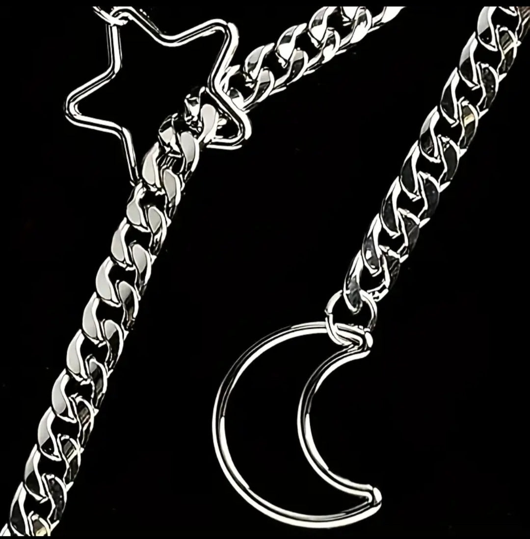 Crescent Moon Star Gothic Goth Punk Rock O-Ring Slip Chain Stainless Steel Necklace