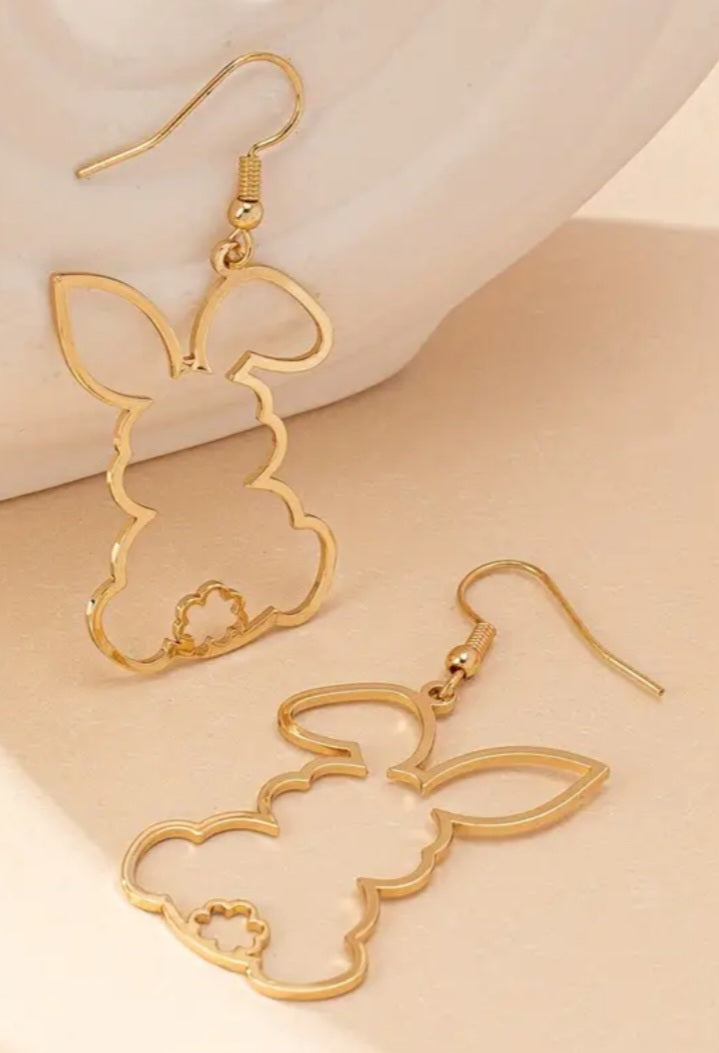 Bunny Rabbit Easter Spring Fine Line Hallow Design Gold Plated Drop Dangle Earrings