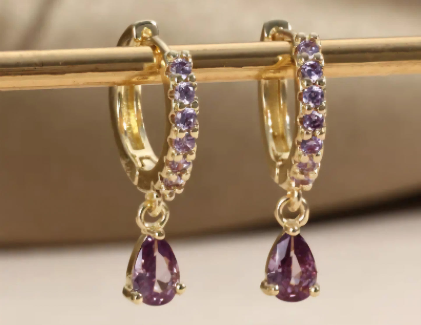 Dainty Small Copper Filled Gold Plated Cubic Zirconia Amethyst Violet Lilac Purple Crystal Coloured Gems Tear Drop Mini Huggie Style Hoop Earrings