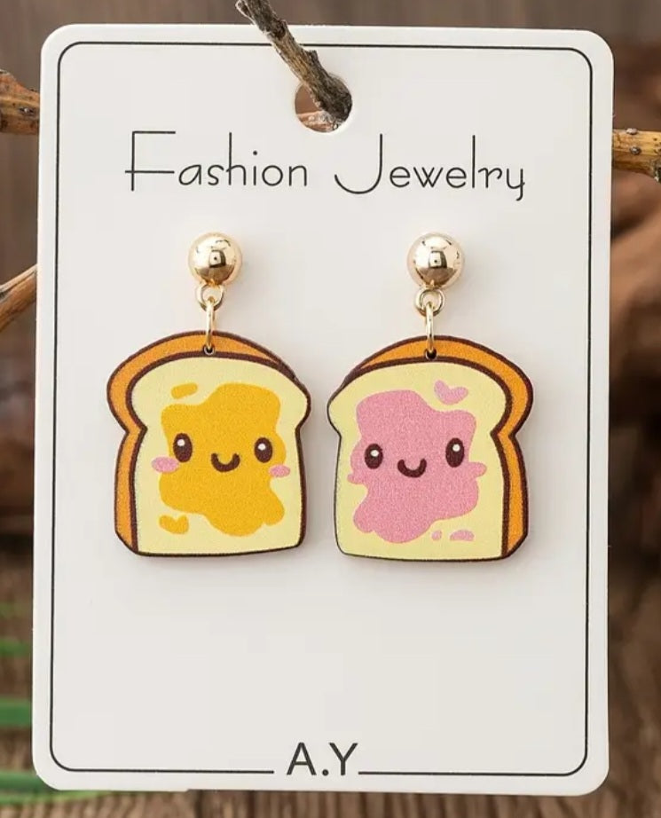 Cartoon Bread Peanut Butter & Jelly Sandwich Raspberry Jam Design Wood Drop Dangle Earrings