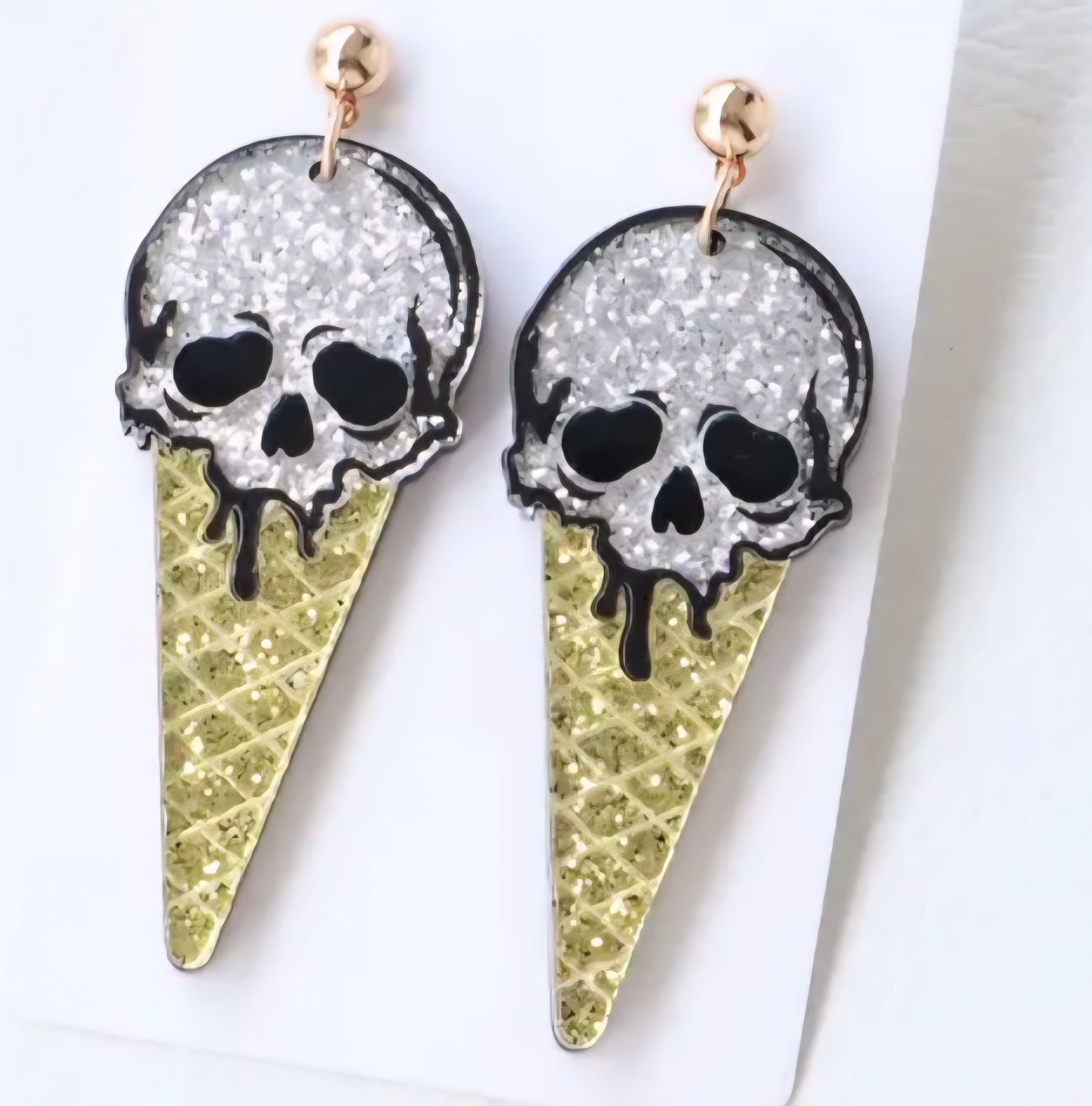 Acrylic Cartoon Glitter Ice Cream Skull Design Large Drop Dangle Earrings Perfect For Halloween Punk Goth
