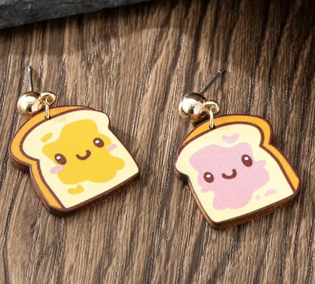 Cartoon Bread Peanut Butter & Jelly Sandwich Raspberry Jam Design Wood Drop Dangle Earrings