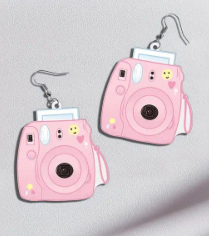 Acrylic Cartoon Camera Pink Instax Polaroid Inspired Design Drop Dangle Earrings
