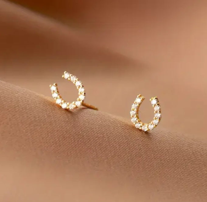 Dainty Country Horseshoe Western Theme Horse Gold Plated Rhinestone Inlay Mini Tiny Stud Earrings