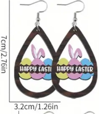 Cartoon Easter Bunny Rabbit Trio Eggs Ears Happy Easter Tear Drop Design Wood Drop Dangle Earrings