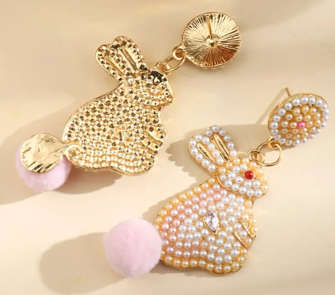 Easter Bunny Faux Pearl Encrusted Gold Plated Fluffy Tail Rabbit Large Drop Dangle Earrings